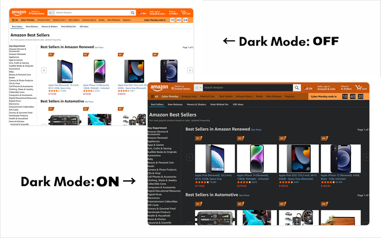 Comparison of dark mode and light mode interfaces